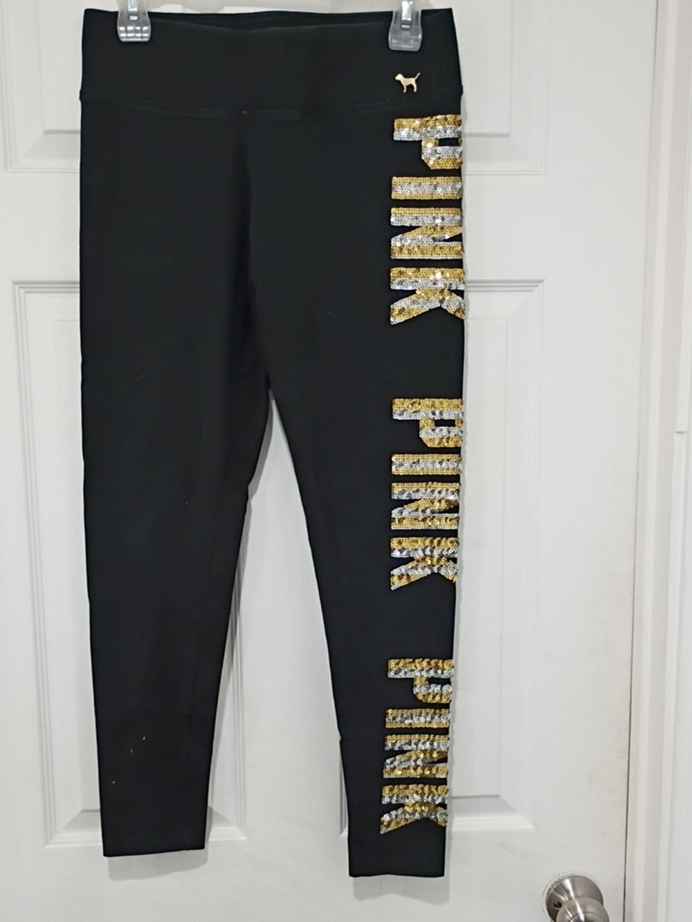 PINK Victoria's Secret Black Leggings with Gold Sequin Logo